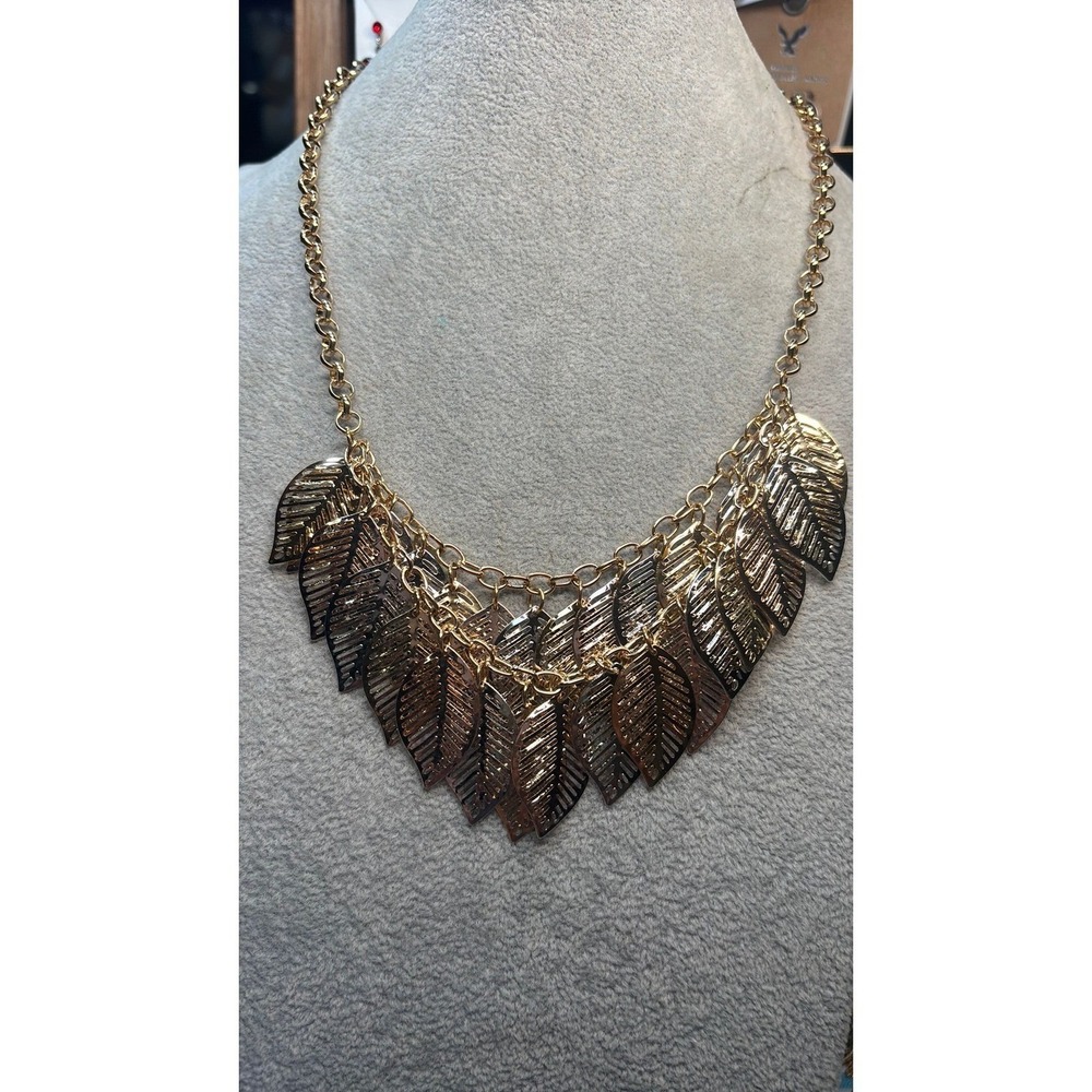 #35. Gold Tone Layered Leaf Bib Necklace Cascading Fringe Statement Jewelry